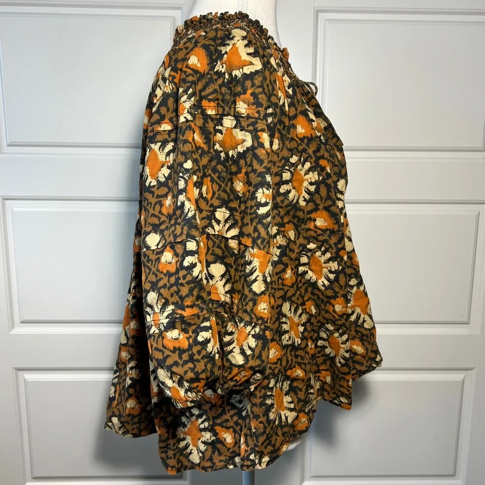 Free People Floral Print Smocked Neck Tie Neck Blouse‎ Brown Black Cream Medium